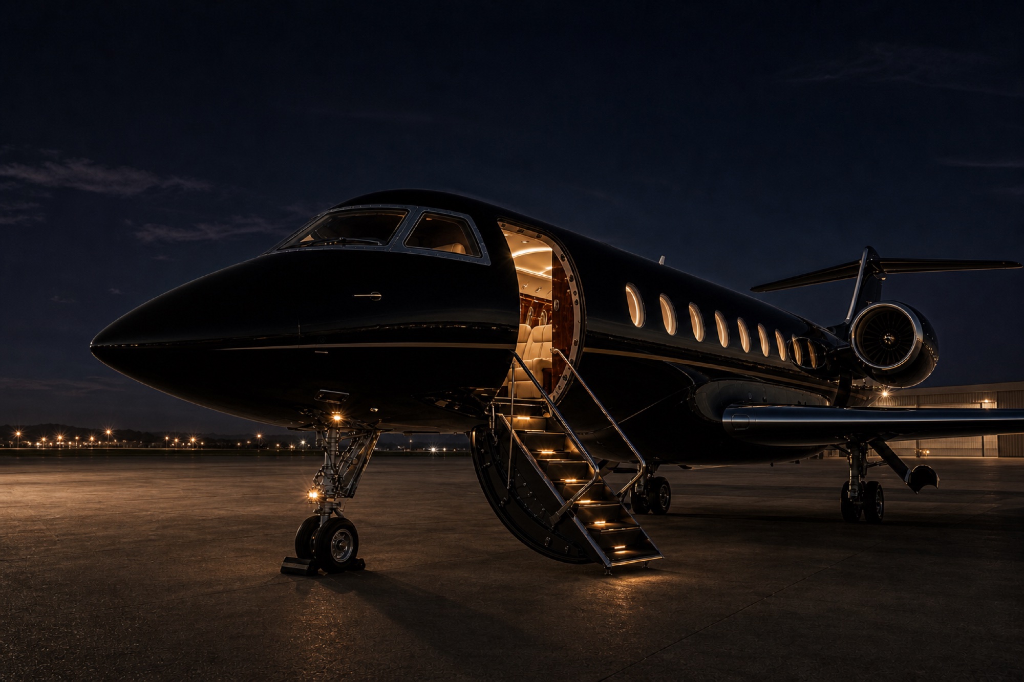 A private jet on the ramp at last light with its cabin door open.
