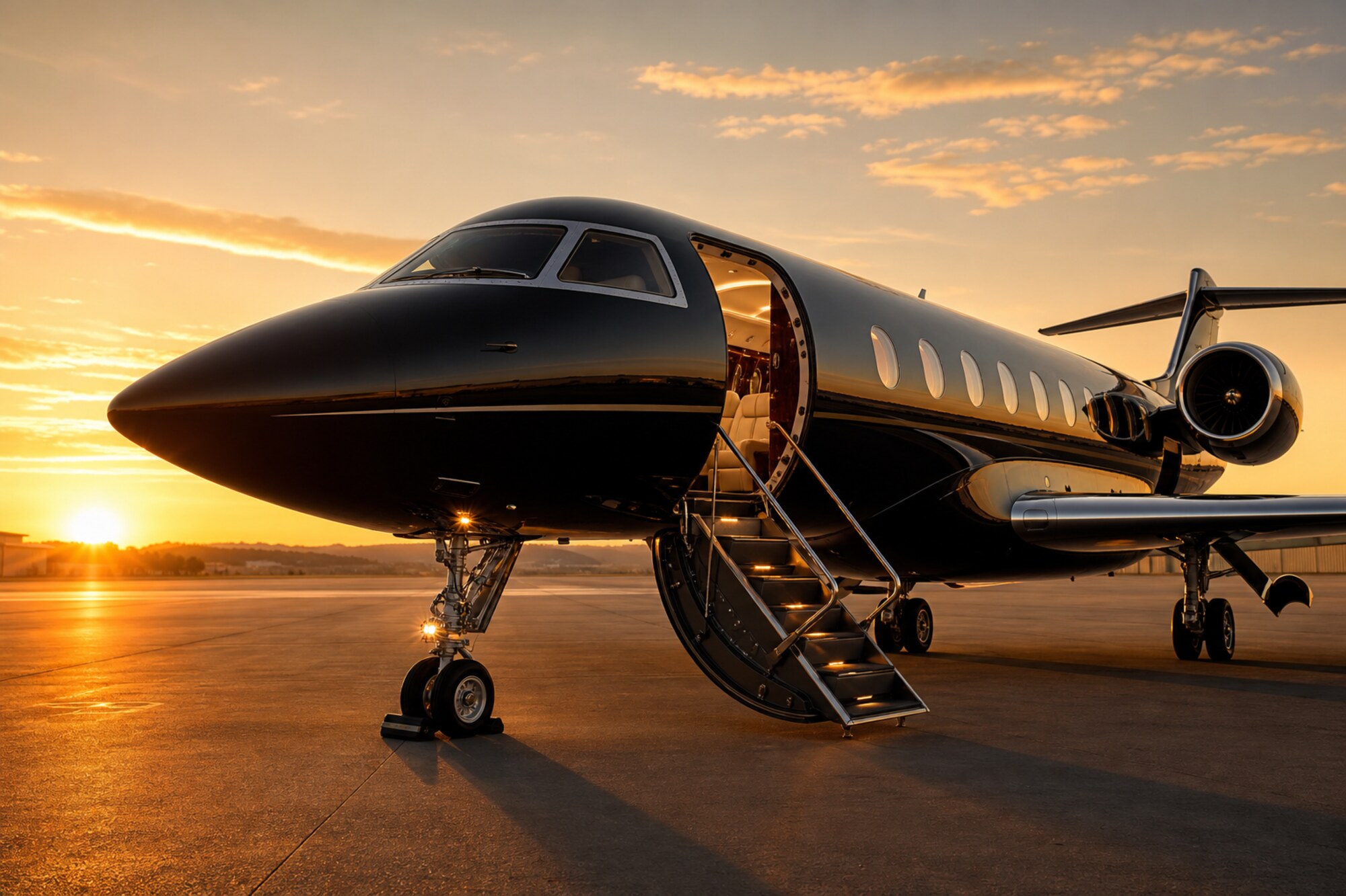 A private jet on the ramp at last light with its cabin door open.